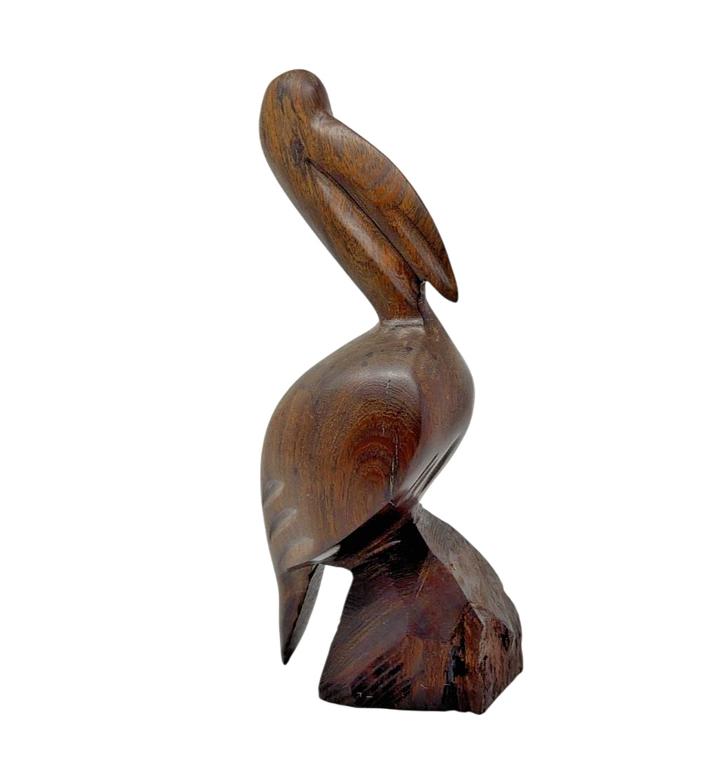 Hand Carved Wooden Pelican Bird Sculpture on Base 8 3/4" Coastal MCM Decor